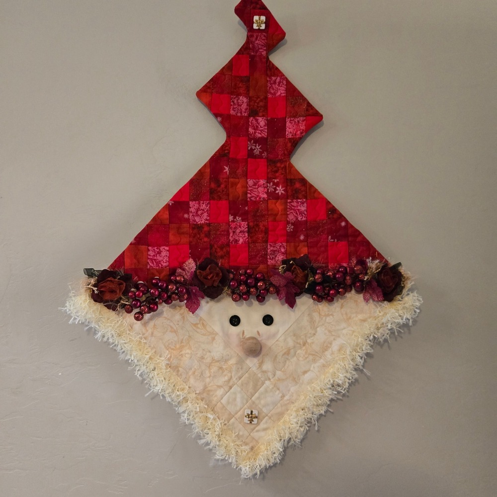 Handmade Red Quilted Santa Wall Hanging Decor Holiday Patchwork Berry Floral